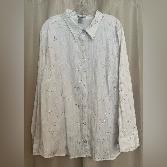 Unique Spectrum Tops - Unique Spectrum White Sequin Button Down Blouse Plus Size 22/24W
